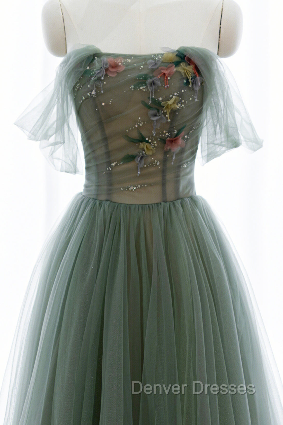 Gray Green Tulle Beaded Long Prom Dress, A-Line Evening Dress Secondary image