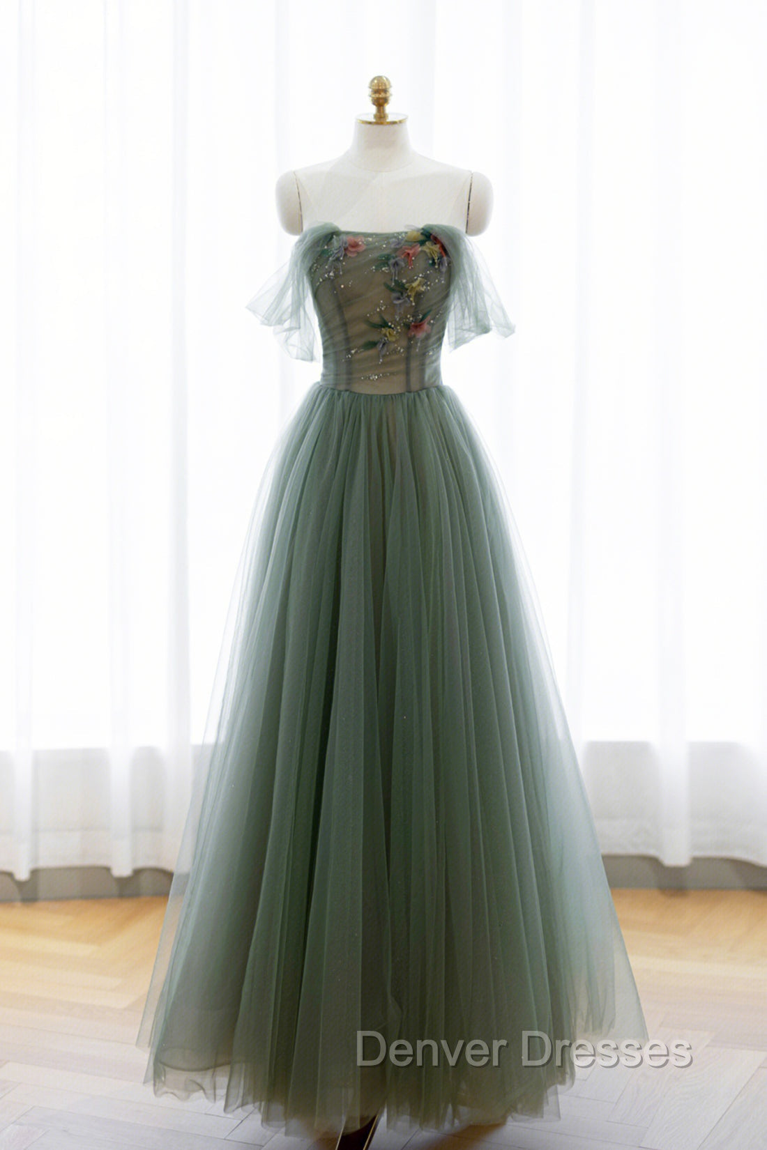 Gray Green Tulle Beaded Long Prom Dress, A-Line Evening Dress Main image