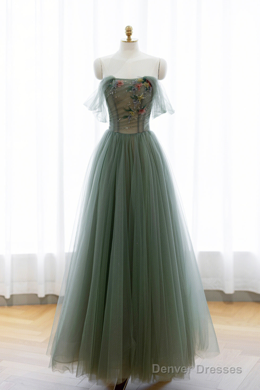 Gray Green Tulle Beaded Long Prom Dress, Beautiful A-Line Evening Dress Main image