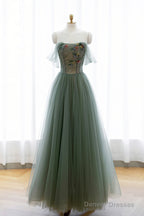 Gray Green Tulle Beaded Long Prom Dress, Beautiful A-Line Evening Dress