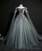Gray Green Tulle Lace Long Prom Dress Gray Tulle Formal Dress