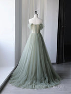 Gray Green Tulle Off Shoulder Long Prom Dress, Gray Green Formal Graduation Dress