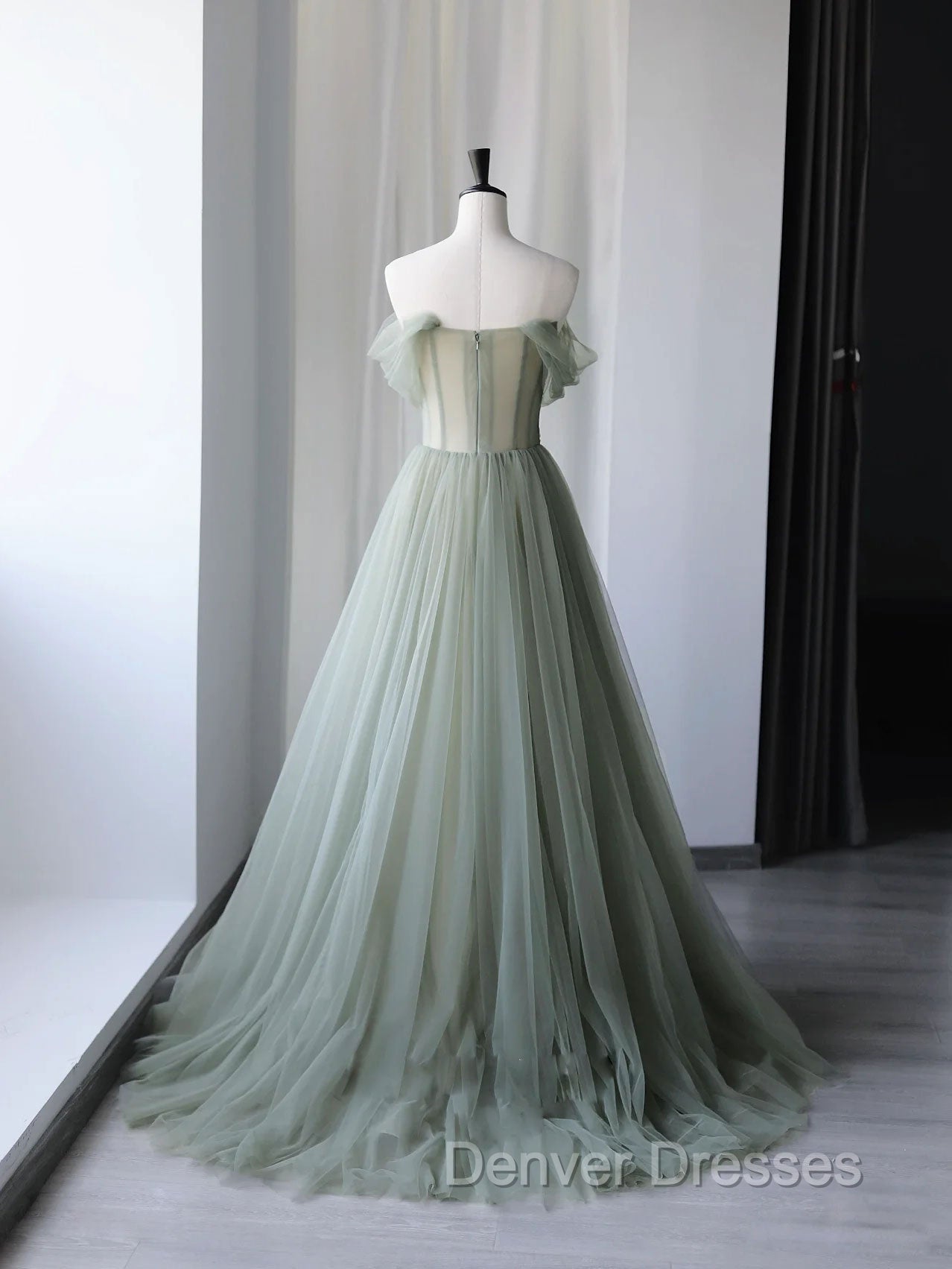 Gray Green Tulle Off Shoulder Long Prom Dress, Gray Green Formal Graduation Dress