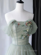Gray Green Tulle Off Shoulder Long Prom Dress, Gray Green Formal Graduation Dress