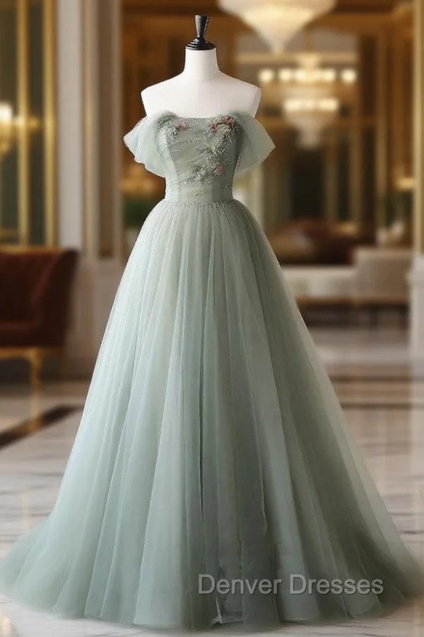 Gray Green Tulle Off Shoulder Long Prom Dress, Gray Green Formal Graduation Dress Main image