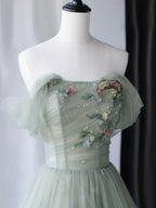 Gray Green Tulle Off Shoulder Long Prom Dress, Gray Green Formal Graduation Dress