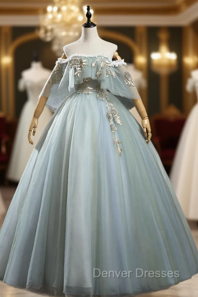 Gray Green Tulle Off the Shoulder Appliques Quinceanera Dress Main image