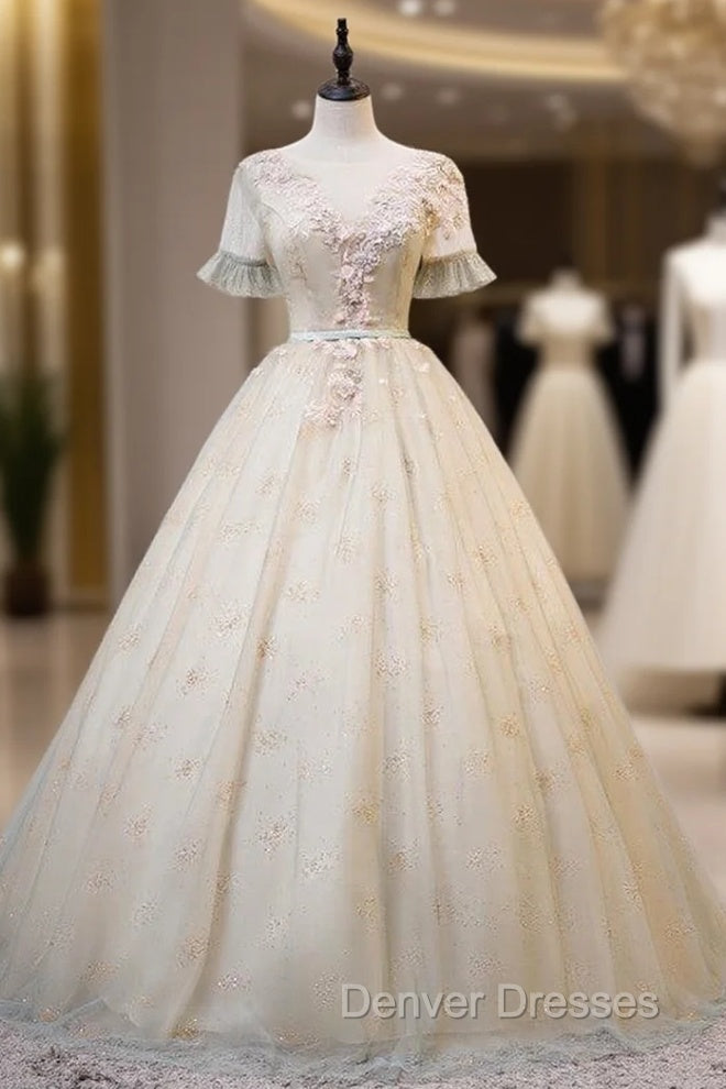 Gray Green Tulle Short Sleeve Appliques Beading Quinceanera Dress Main image