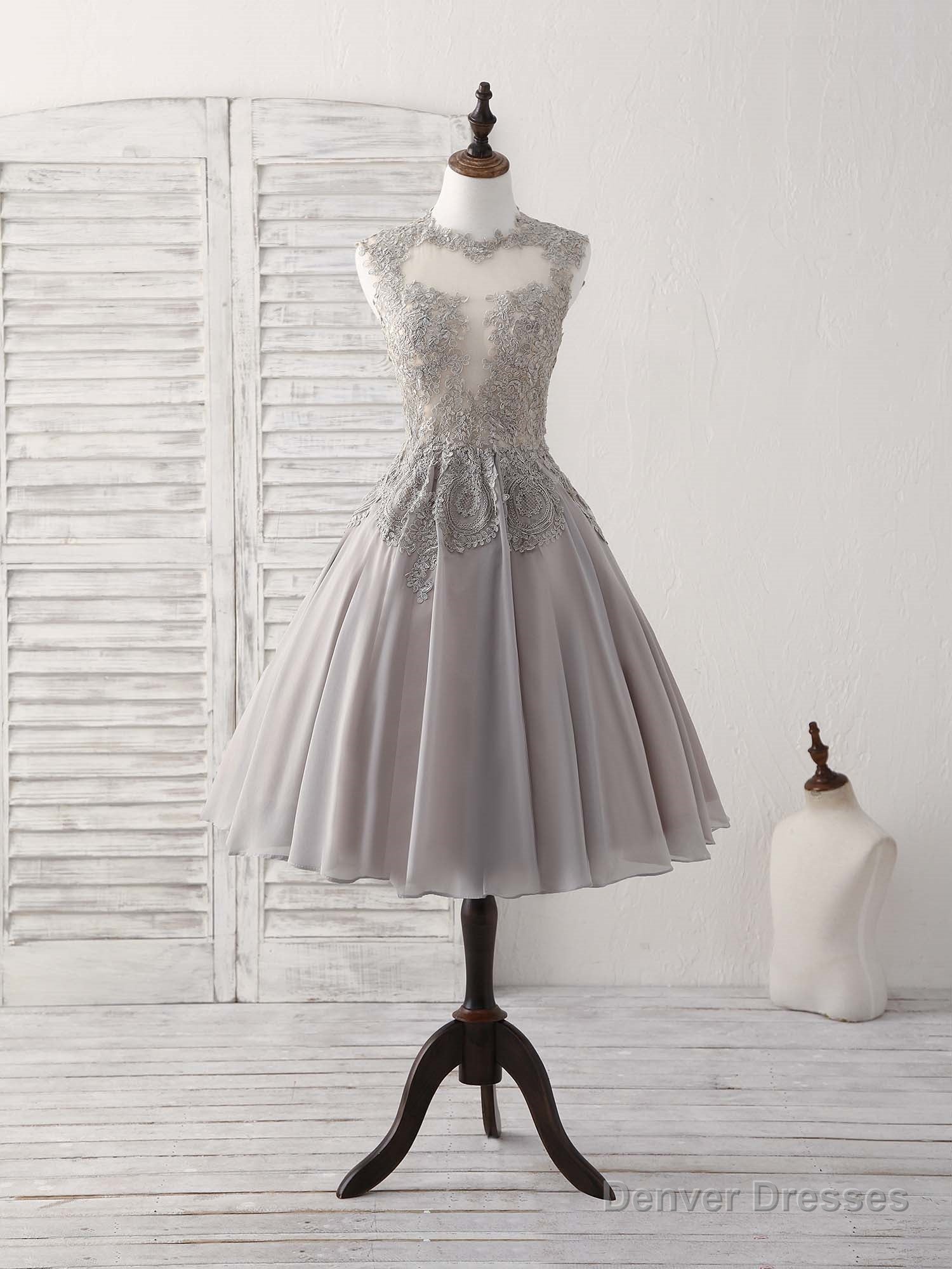 Gray High Neck Lace Chiffon Short Prom Dress Gray Bridesmaid Dress Main image
