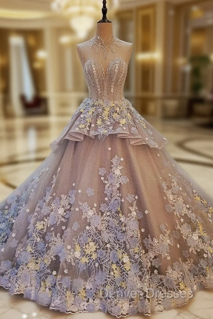Gray High Neck Tulle Appliques Backless Wedding Dress
