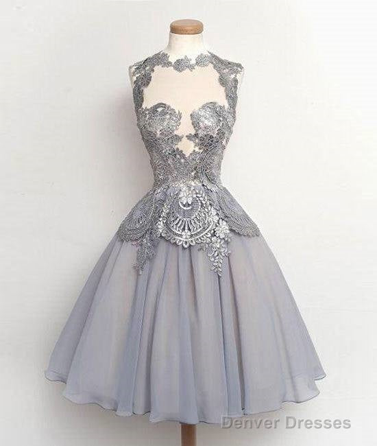 Gray Lace Chiffon Short Prom Gown, Homecoming Dress