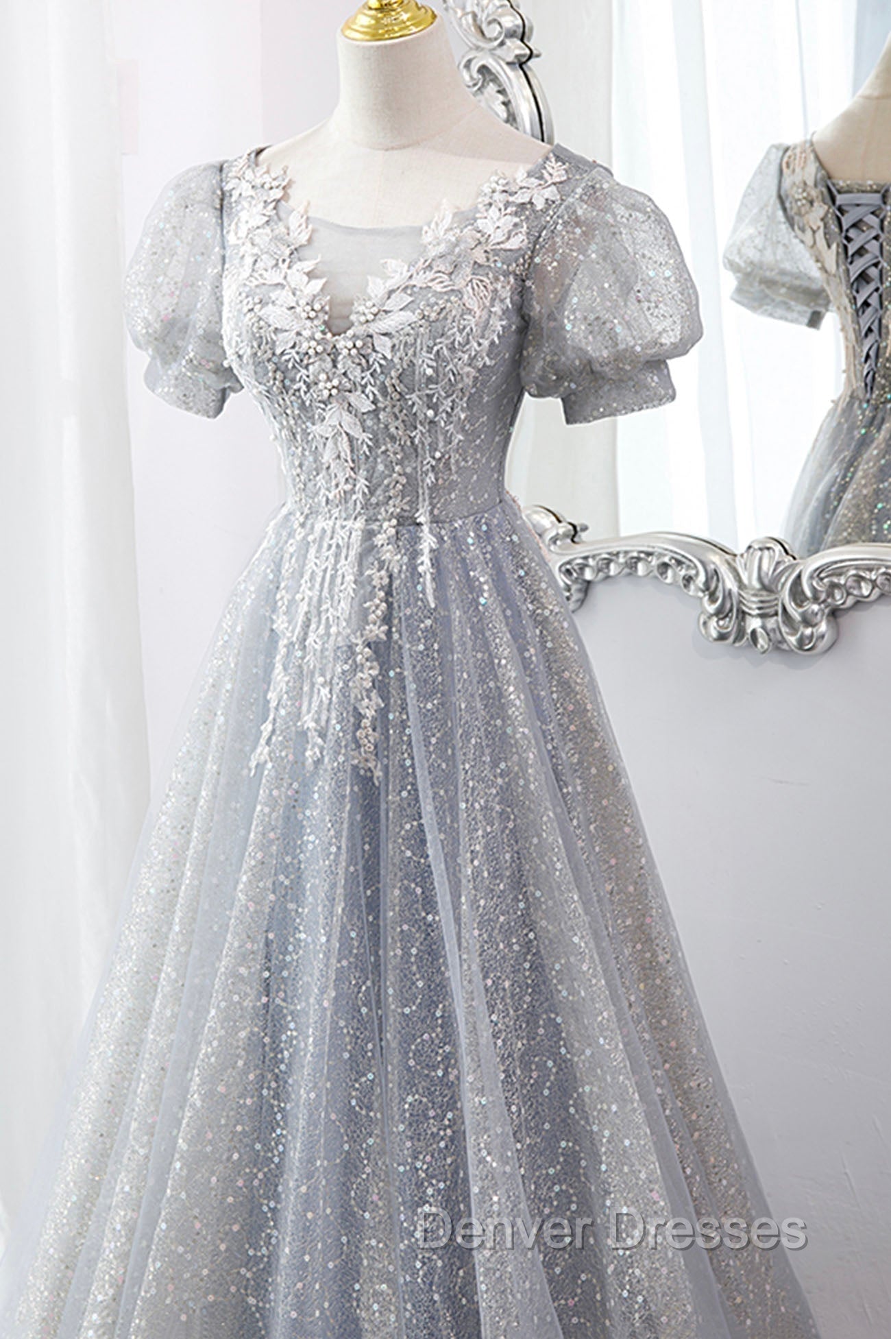 Gray Lace Long A-Line Prom Dress with Sequins, Cute Short Sleeve Evening Dress Secondary image
