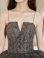 Gray Lace Long Prom Dresses, Lace Formal Gray Graduation Dresses