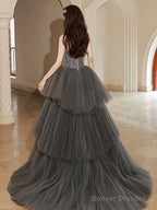 Gray Lace Long Prom Dresses, Lace Formal Gray Graduation Dresses