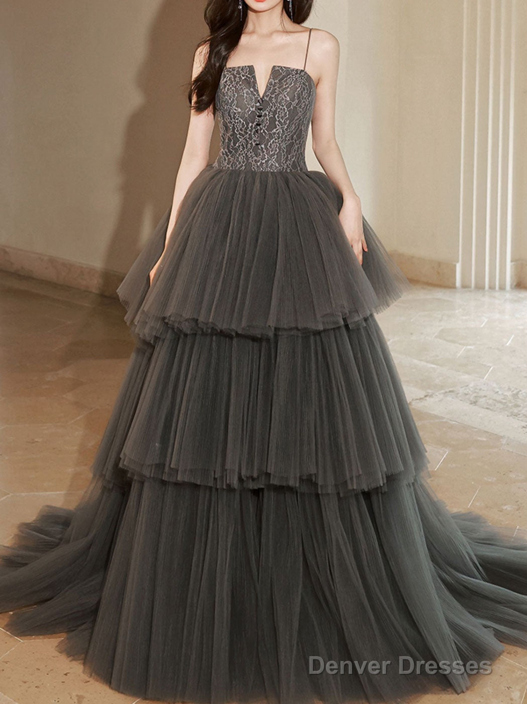 Gray Lace Long Prom Dresses, Lace Formal Gray Graduation Dresses