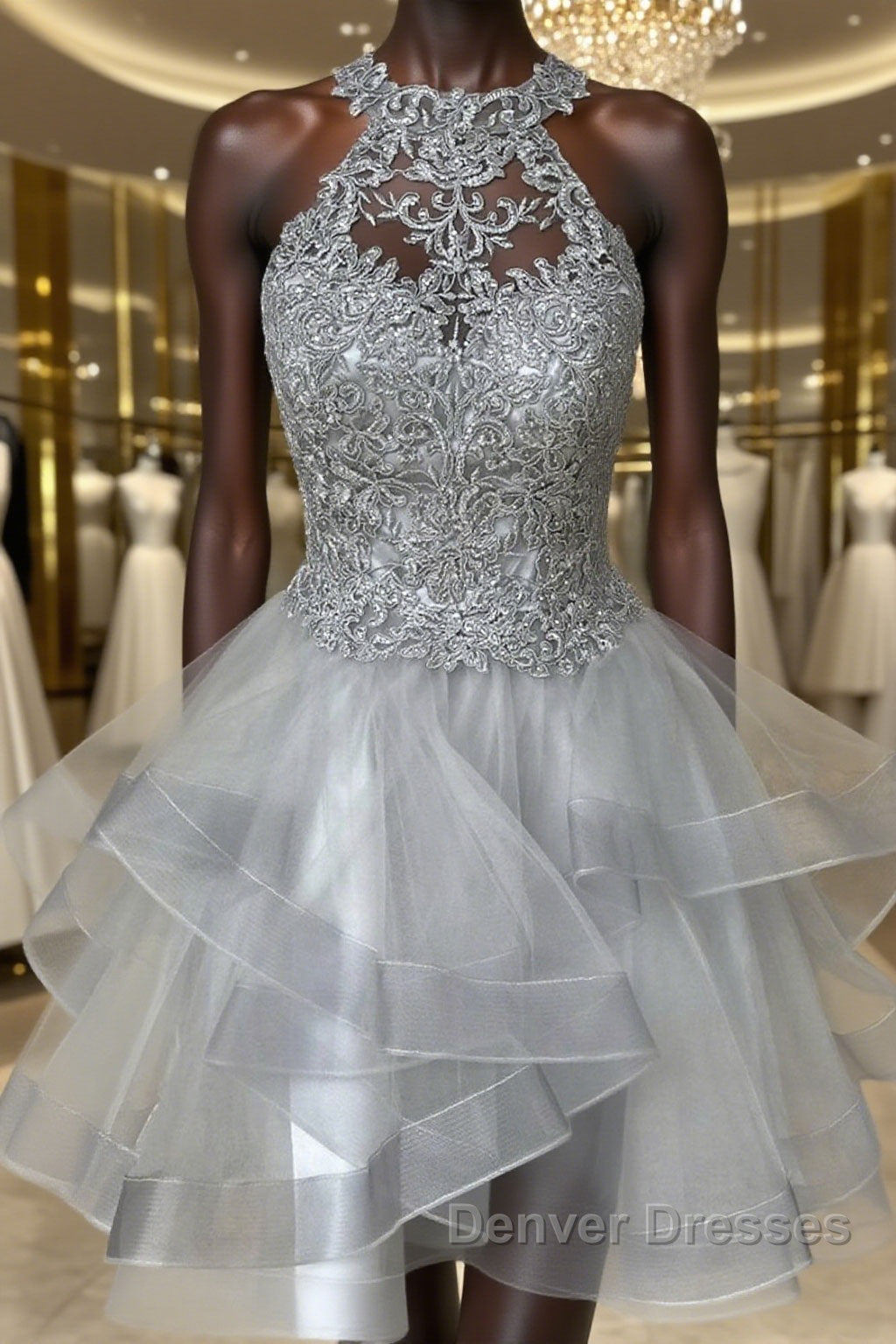 Gray Lace Short Prom Dress, Fluffy Gray Lace Homecoming Dress, Gray Formal Evening Dress