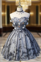 Gray Lace Strapless Short Prom Dress, A-Line Sweetheart Neckline Party Dress