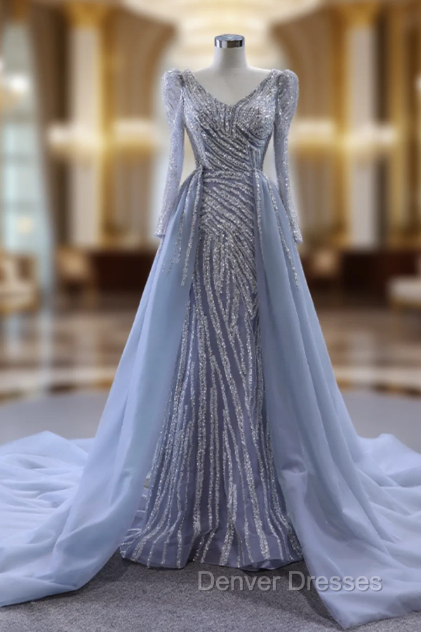 Gray Mermaid Long Sleeve Beading Prom Dress With Detachable Train Main image