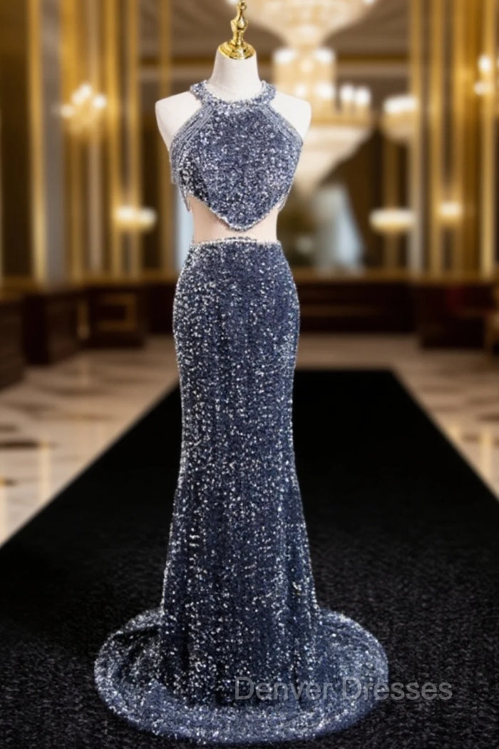 Gray Mermaid Sequins Halter Beading Prom Dress