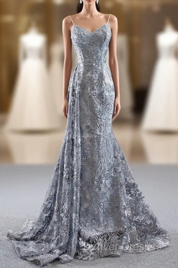 Gray Mermaid Tulle Embroidery Spagehtti Straps Pearls Prom Dress Main image