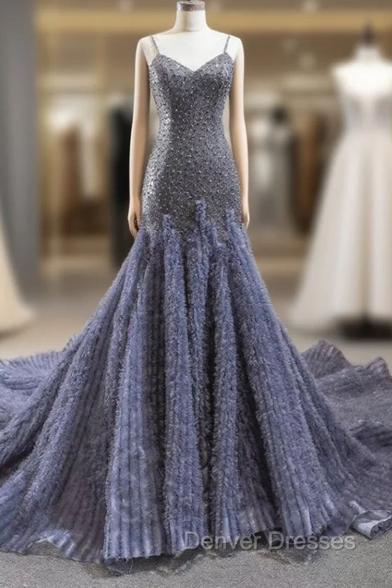 Gray Mermaid Tulle Sequins Spaghetti Straps Beading Prom Dress With Train