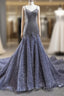 Gray Mermaid Tulle Sequins Spaghetti Straps Beading Prom Dress With Train