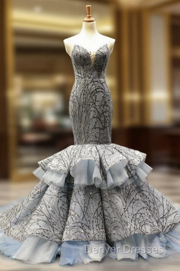 Gray Mermaid Tulle Sequins Sweetheart Prom Dress With Train Main image