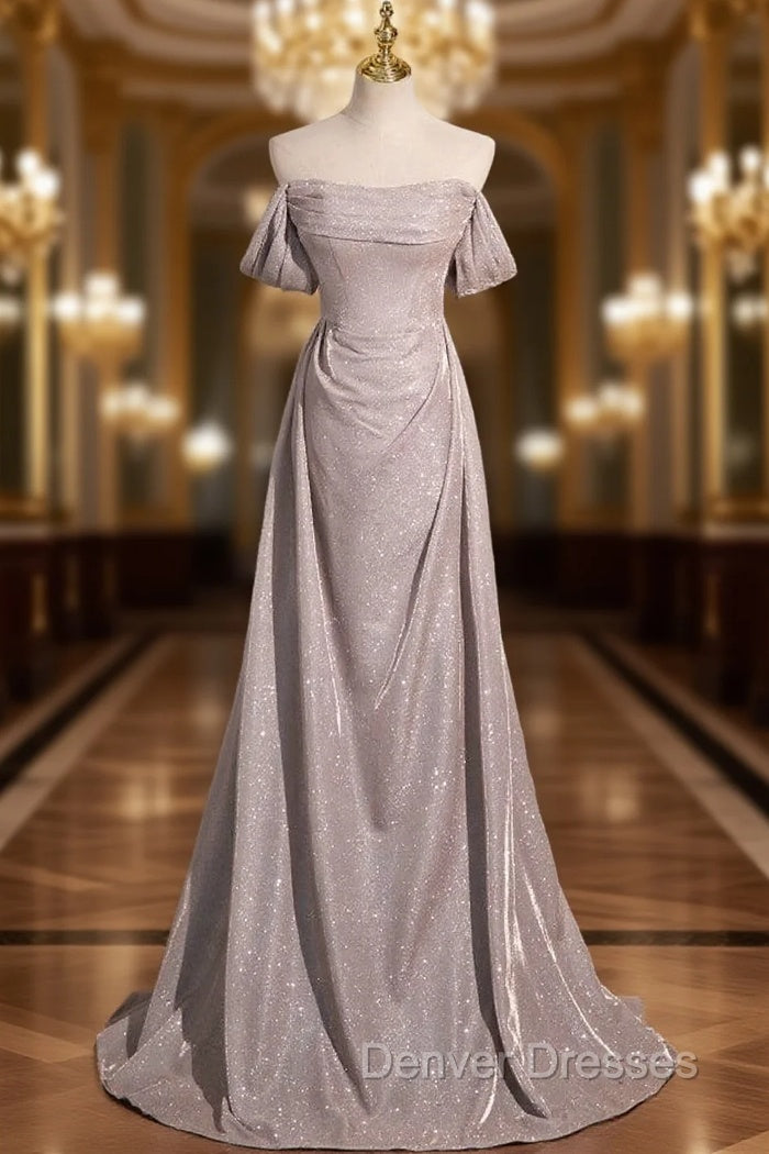 Gray Off the Shoulder Pleats Prom Dress Main image