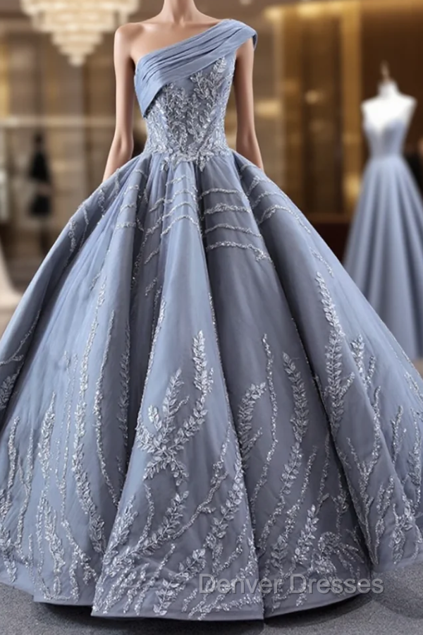 Gray One Shoulder Appliques Beading Prom Dress