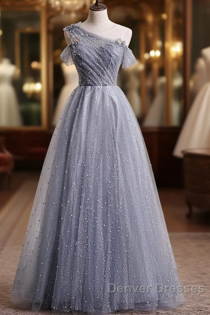Gray One Shoulder Tulle Long Prom Dress Gray Tulle Evening Dress Main image
