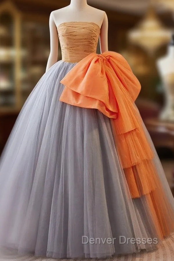 Gray Orange Tulle Strapless Pleats Beading Quinceanera Dress Main image