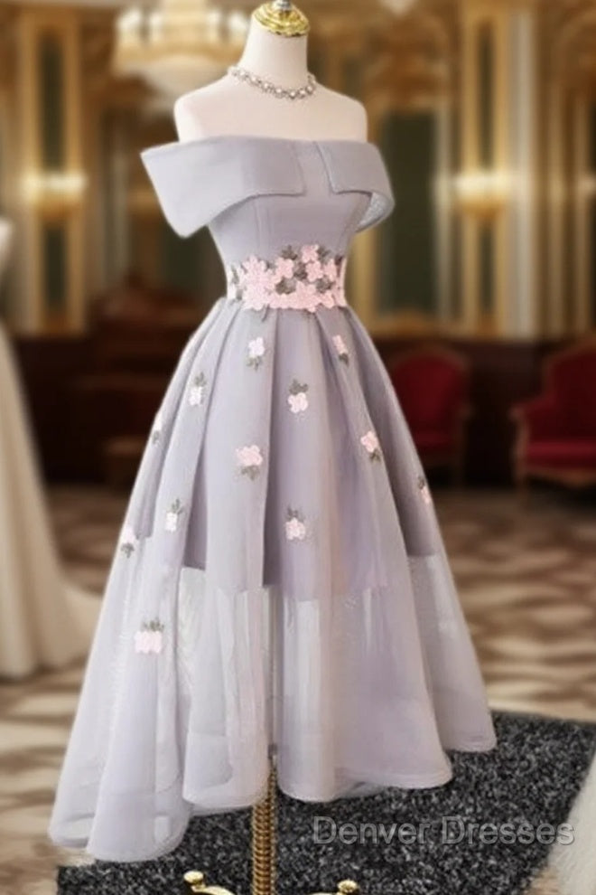 Gray Organza Hight-Low Prom Dress, Gray Bridesmaid Dress Main image