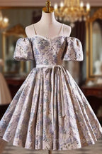 Gray Print Short Prom Dress Dress, Lovely Spaghetti Strap Evening Party Dress