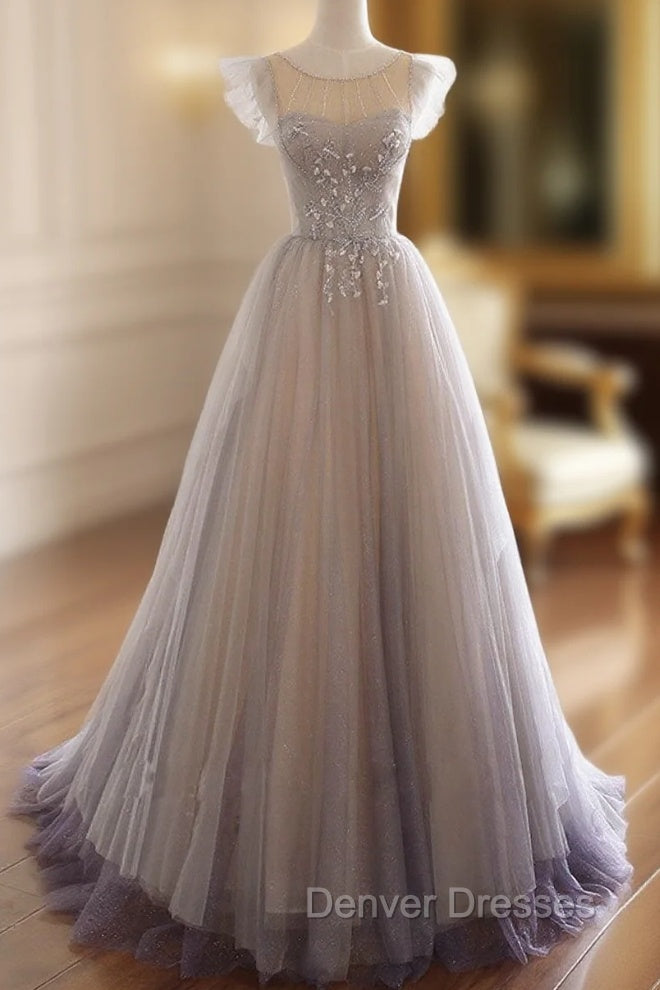 Gray Purple Round Neck Tulle Long Prom Dress, A line Formal Graduation Dress Main image