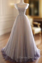 Gray Purple Round Neck Tulle Long Prom Dress, A line Formal Graduation Dress