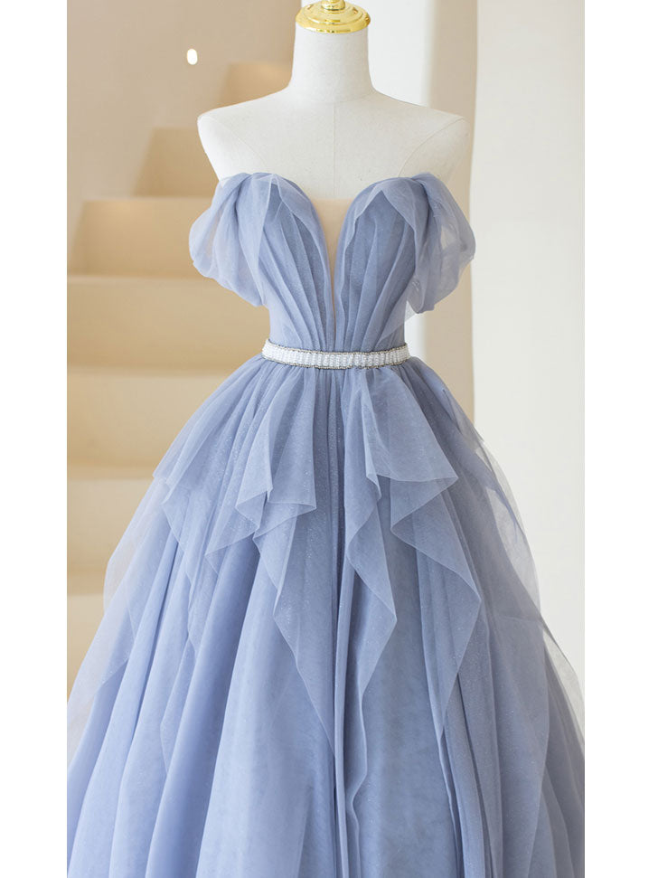 Gray Purple Tulle Long Prom Dress, Purple A Line Evening Dress
