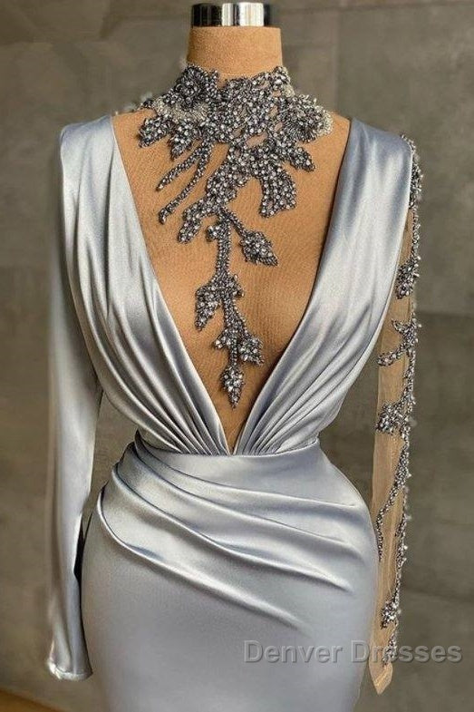Gray Robe De Soiree Sheath Long Sleeves Beaded See Through Sexy Long Prom Dress Prom Gown Evening Dress