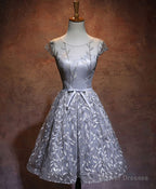 Gray Round Neck Lace Short Prom Dress,Cute Homecoming Dress