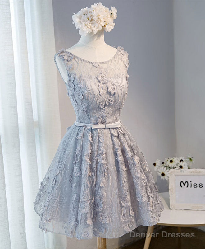 Gray Round Neck Lace Short Prom Dress, Cute Lace Homecoming Dress Main image