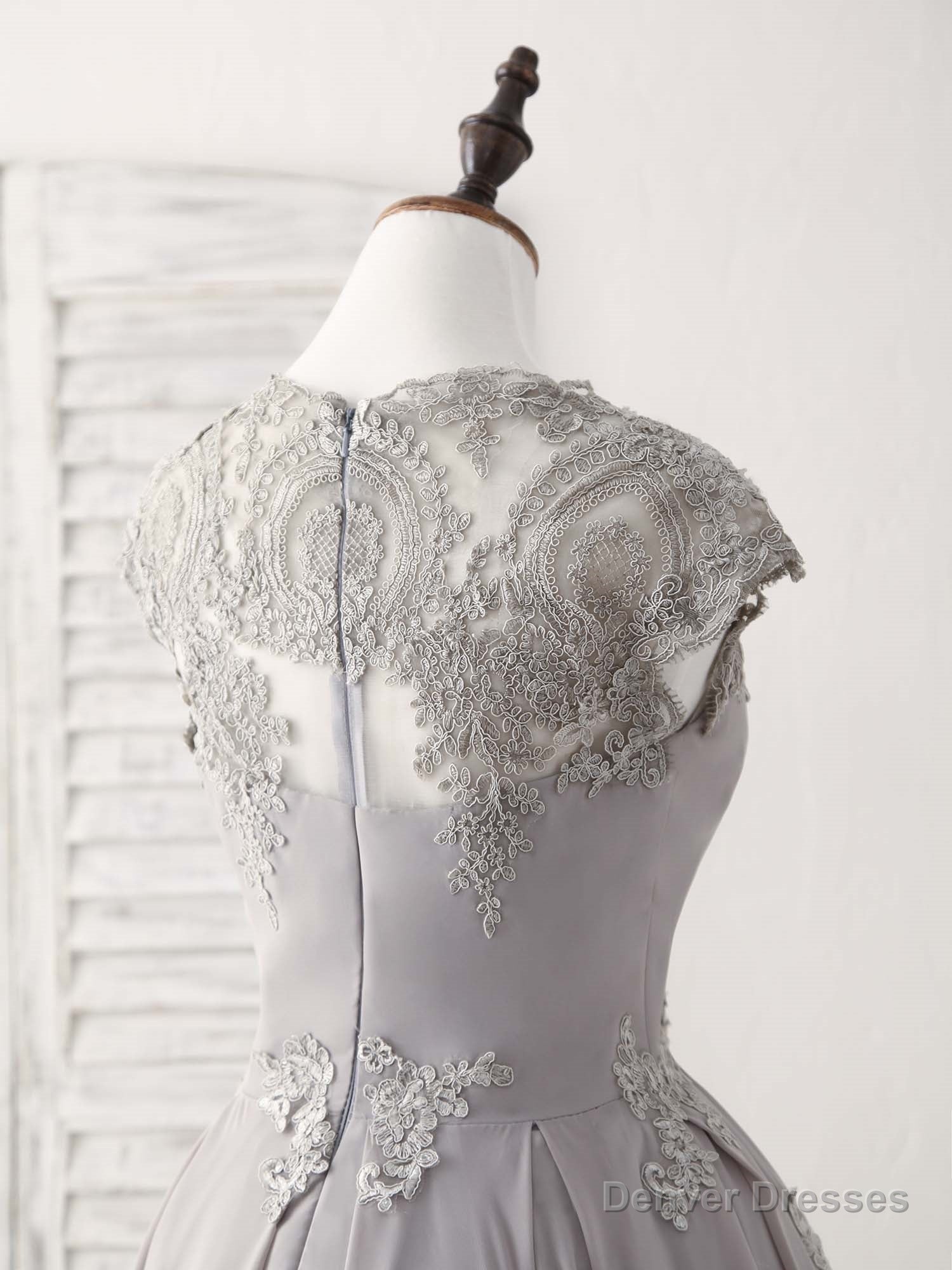 Gray Round Neck Lace Short Prom Dress Gray Bridesmaid Dress