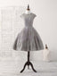 Gray Round Neck Lace Short Prom Dress Gray Bridesmaid Dress