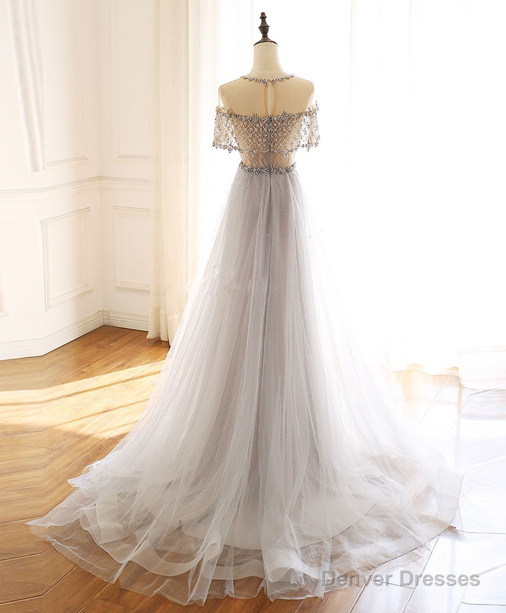 Gray Round Neck Tulle Beads Long Prom Dress Forma Graduation Dresses Secondary image