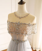 Gray Round Neck Tulle Beads Long Prom Dress Forma Graduation Dresses