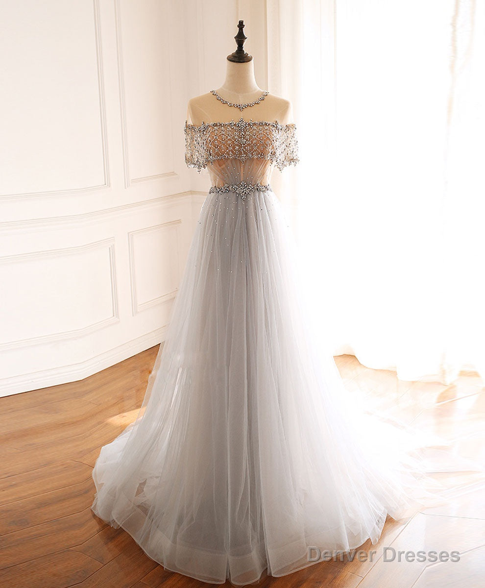 Gray Round Neck Tulle Beads Long Prom Dress Forma Graduation Dresses Main image