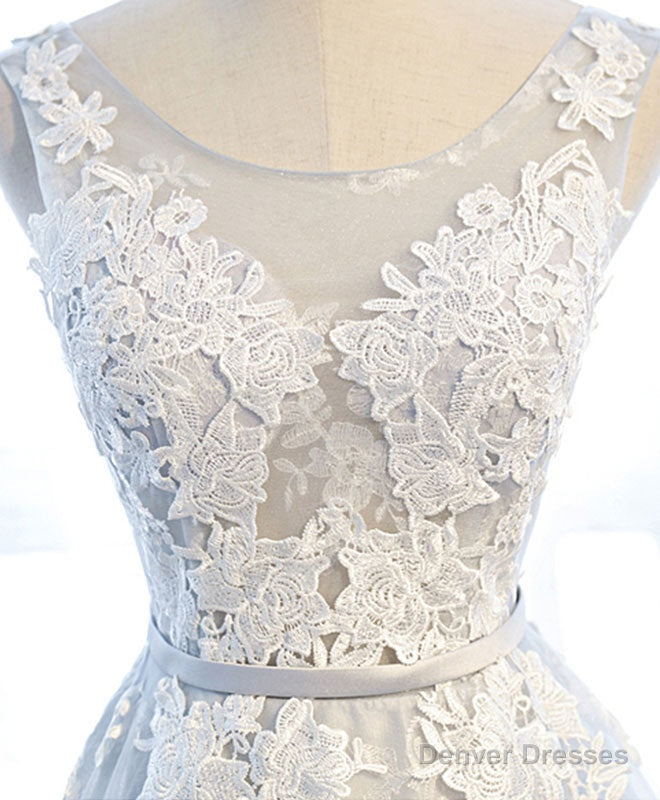 Gray Round Neck Tulle Lace Applique Long Prom Dress