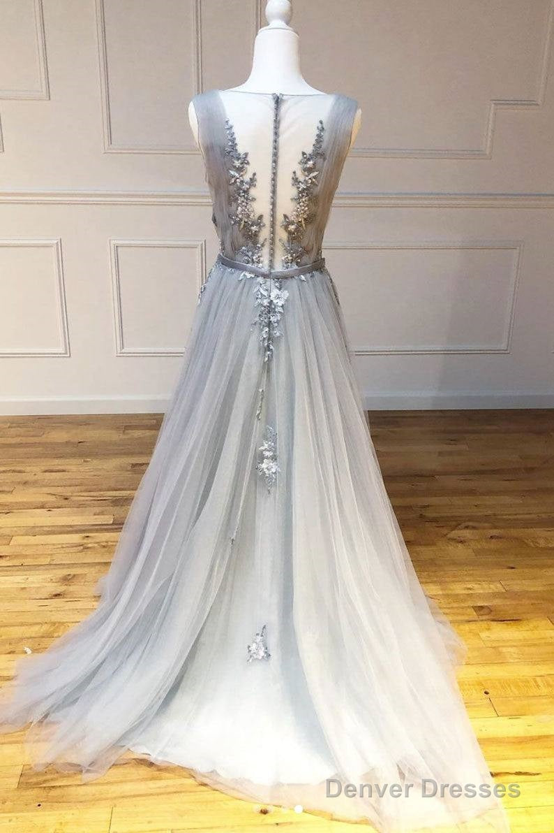 Gray Round Neck Tulle Lace Long Prom Dress Gray Lace Evening Dress Secondary image
