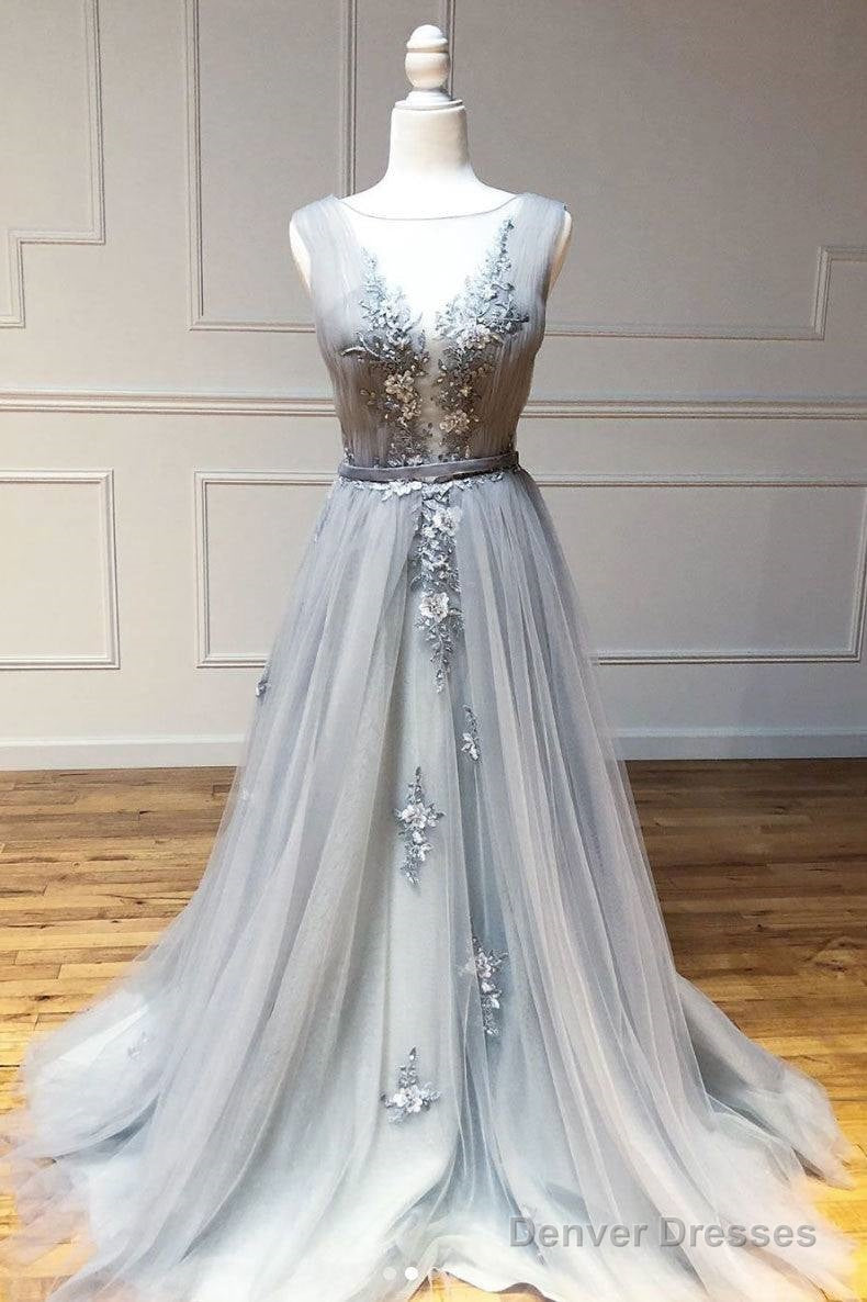 Gray Round Neck Tulle Lace Long Prom Dress Gray Lace Evening Dress Main image