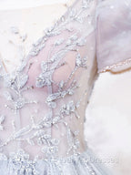 Gray Round Neck Tulle Lace Long Prom Dress, Gray Tulle Evening Dress