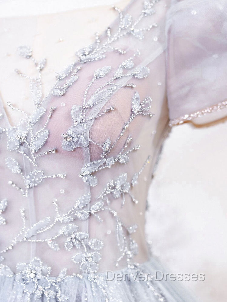 Gray Round Neck Tulle Lace Long Prom Dress, Gray Tulle Evening Dress