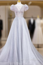 Gray Round Neck Tulle Lace Long Prom Dress, Gray Tulle Evening Dress